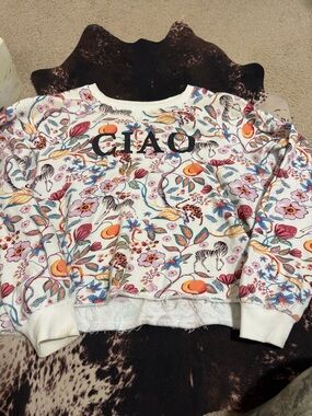 Maeve Floral 'CIAO' Crewneck Sweater - White with Multicolor Print
